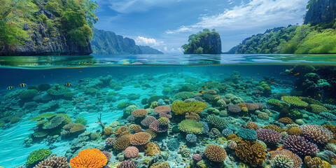 A picturesque seascape with turquoise waters, vibrant corals and tropical fish inviting exploration.