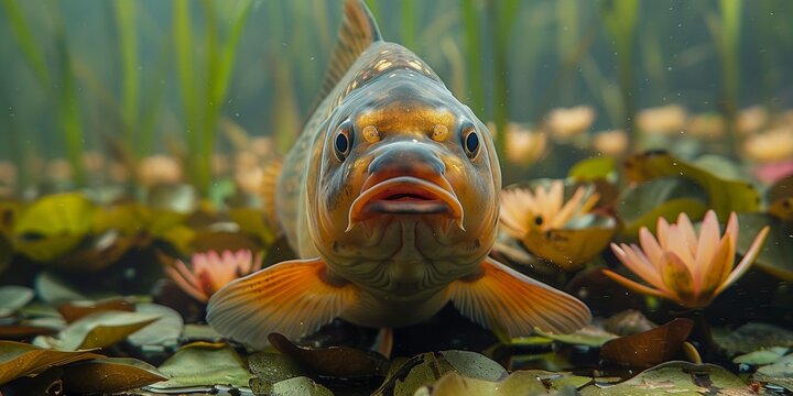 An underwater close-up shot that captures the vibrant colors and fierce beauty of fish in a pond.