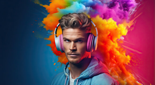 men wearing headphones with colored smoke behind their backs