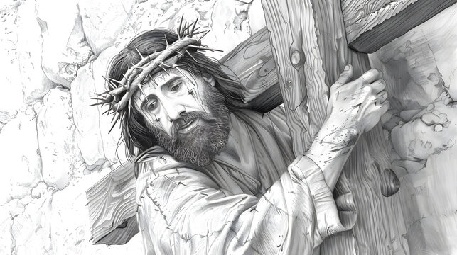 Jesus carrying the cross along the Via Dolorosa in a detailed pencil drawing, emphasizing the weight and strain of the cross on his shoulders.