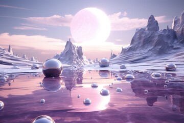 surreal planet with round pink or purple spheres, geometric shapes and physical waves