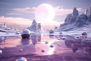 Wandcirkels aluminium surreal planet with round pink or purple spheres, geometric shapes and physical waves © artem