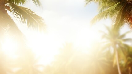 Fototapeta na wymiar Golden sunlight filtering through palm leaves with sky backdrop