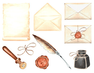 Set of vintage writing supplies for decorative design. Parchment paper, feather quill and inkwell, envelopes, wax seal, rope. Retro stationery. Hand drawn watercolor illustration of elements isolated