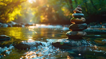 Fototapeten Photo of balanced stones in a river, Photo of balanced stones stacked on each other in river water © danh