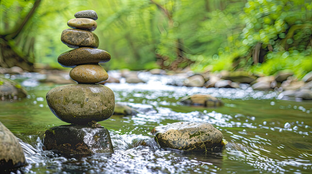 Photo of balanced stones in a river, Photo of balanced stones stacked on each other in river water