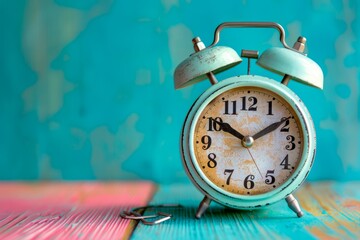 Vintage Alarm Clock on Wooden Desk with Turquoise Background and World Map - Concept of Travel Time and Adventure