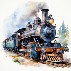 Fototapeta na wymiar Watercolor Seamless STEAM TRAIN Illustration, Generative Ai