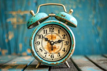 Vintage Blue Alarm Clock on Rustic Wooden Background - Time Management, Antique Concept