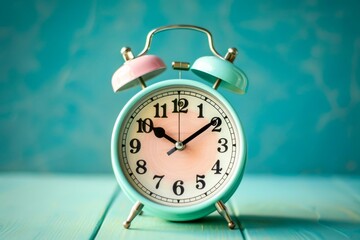 Vintage Pastel Alarm Clock on a Vibrant Blue Wooden Background Signifying Time Management and Punctuality