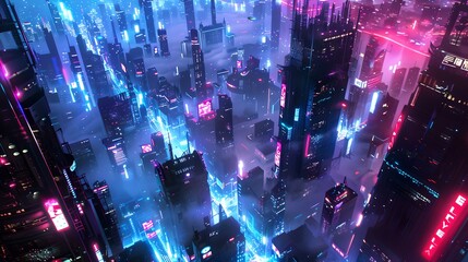 Fototapeta na wymiar Futuristic cityscape at night with neon lights and skyscrapers. cyberpunk metropolis view. sci-fi urban background illustration. digital art design. AI