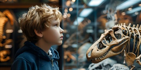 Young boy intrigued by ancient dinosaur skeleton at paleontology museum exhibit. Concept Museum...