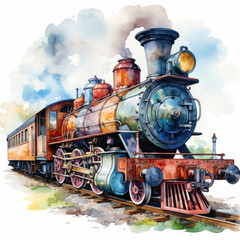 Obraz premium Watercolor Seamless STEAM TRAIN Illustration, Generative Ai