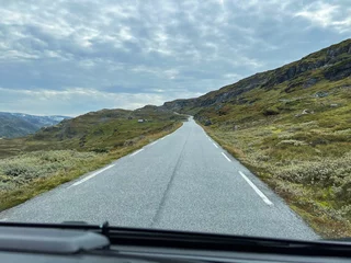 Foto auf Acrylglas Motorhome camper in Stegastein view point road, south Norway. Europe © Alberto Gonzalez 