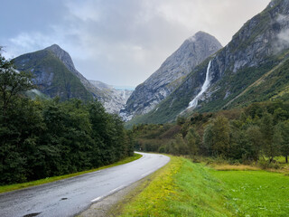 Fototapeta na wymiar Road in Briksdal glacier valley in south Norway. Europe