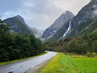 Zelfklevend Fotobehang Road in Briksdal glacier valley in south Norway. Europe © Alberto Gonzalez 