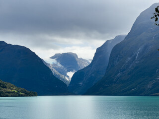 Autumn landscape in Lovatnet lake valley in south Norway, Europe