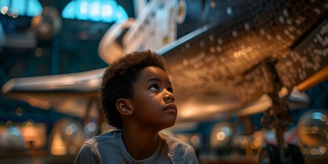 A curious Black child gazes up at a space shuttle during a museum visit. Concept African American representation, Space education, Childhood wonder, Learning through experience, Museum field trip