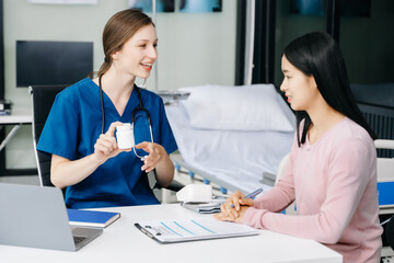 Doctors explain the use of medication to patients. healthcare and medical concept.