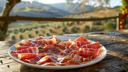 Delicious cured ham on a plate in outdoor setting. culinary delight with a rustic background. ideal for food enthusiasts. perfect for culinary blogs and magazines. AI - obrazy, fototapety, plakaty