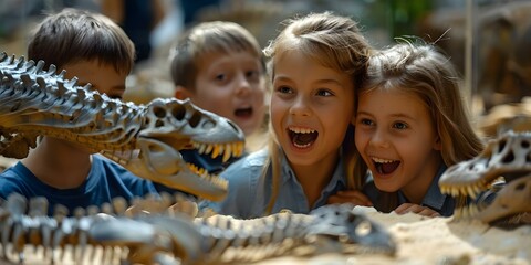Kids filled with enthusiasm as they explore a prehistoric museum featuring dinosaur fossils and...