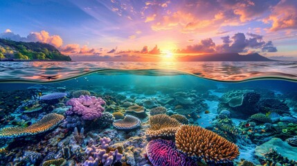 Golden hour split view  great barrier reef coral ecosystem at sunset in queensland, australia - obrazy, fototapety, plakaty