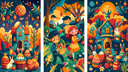 Cute Easter modern illustration with Children searching for hidden Easter eggs in a garden or park, with baskets in hand. Flat Vivid illustration. Clip-art