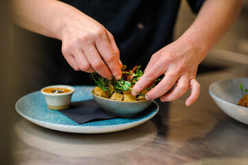 Chef preparing a plate in restaurant kitchen. Only hands. Chef cooking in the restaurant kitchen. Selective focus.
