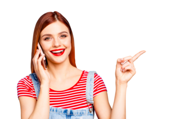 Attention hot offer sale seasonal discount! Close up photo portrait of pretty girl with beaming toothy smile pointing on copy space speaking using phone listening operator isolated bright background