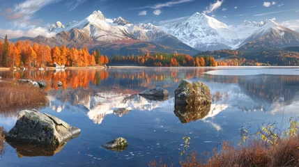 Papier Peint photo autocollant Tatras Vibrant high tatra lake in early autumn  mountain sunrise, pine forest, and sky reflection