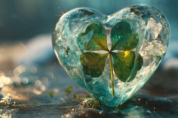 Heart with four-leaf clover in ice - obrazy, fototapety, plakaty