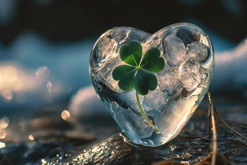 Heart with four-leaf clover in ice - obrazy, fototapety, plakaty