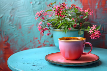 Red cup of coffee with pink flowers on turquoise background. Modern Art Deco