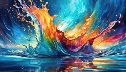 colorful splash of water with blue background - obrazy, fototapety, plakaty