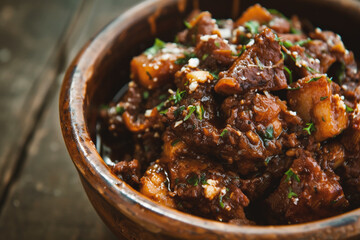 Beef stewed with potatoes and herbs in a clay bowl - obrazy, fototapety, plakaty