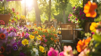 A sun-drenched summer terrace adorned with vibrant flowers, inviting relaxation and outdoor dining