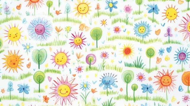 Hand drawn doodle wallpaper with sun, rainbow, flowers vibrant summer sketch pattern background