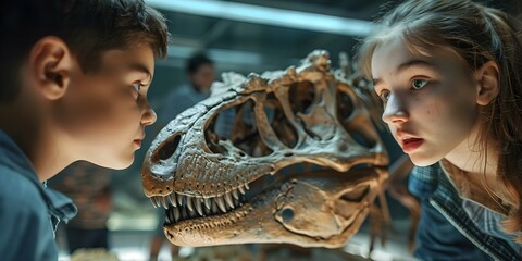 Exploring a Prehistoric Museum: Young Students Fascinated by Dinosaur Skeletons and Fossils....