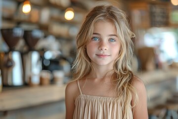 A cute 10-year-old girl in a summer sundress drinks coffee in a coffee shop. Looking away from the camera. no inscriptions, no logos. - obrazy, fototapety, plakaty