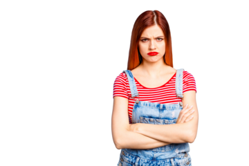 Red straight-haired vivid young girl with folded hands, wearing casual, isolated over blue background, copy space
