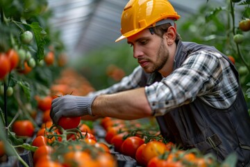 A man wearing a hard hat is picking ripe tomatoes in a greenhouse filled with lush green plants.