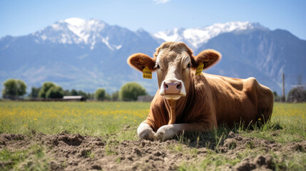 Fototapeta na wymiar Brown cow lounging in vibrant green field, with snow-capped mountains in background under clear blue sky.