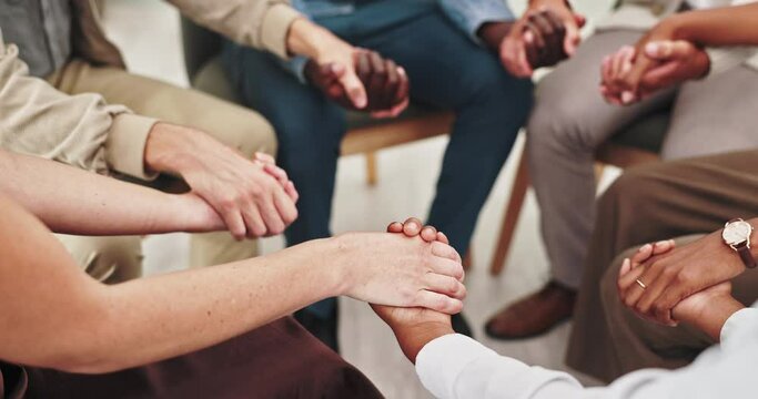 People, holding hands and support at group therapy with consulting, above or kindness for mental health. Huddle, pray and empathy with compassion, help and psychology with trust, circle or community