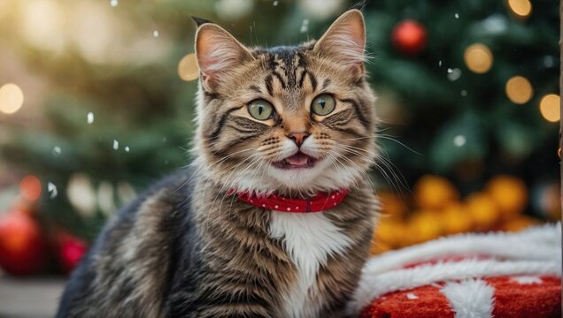 photo of cute cat on christmas background.