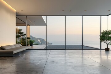 Minimalistic beige light interior with large panoramic windows and gray matte floor at night.