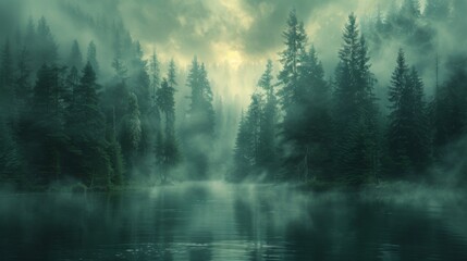 Misty dark green forest