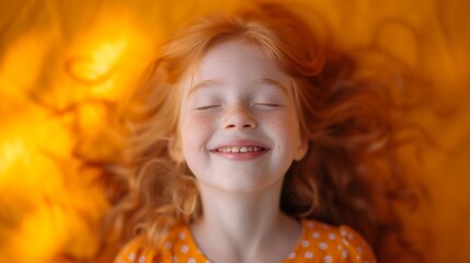 Fototapeta premium Cheerful redhaired girl smiling while laying on orange bed sheet in cozy and bright bedroom