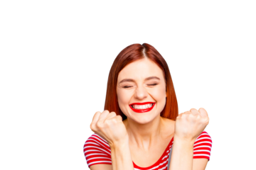 Portrait of nice vivid girlish red straight-haired happy smiling toothy young girl celebrating lottery victory winning, closed eyes, isolated over blue background