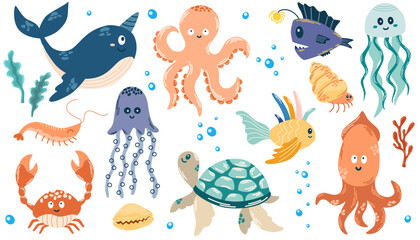 Set with hand drawn sea life elements. Various fish and marine animals. Vector hand draw doodle illustration set of marine life objects for your design.
