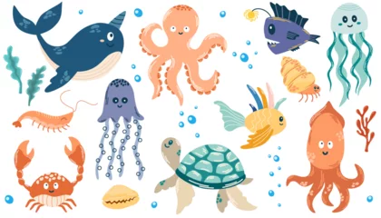 Papier Peint photo Vie marine Set with hand drawn sea life elements. Various fish and marine animals. Vector hand draw doodle illustration set of marine life objects for your design.